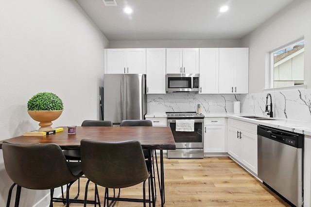 kitchen featuring backsplash, sink, light wood-type flooring, white cabinetry, and stainless steel appliances