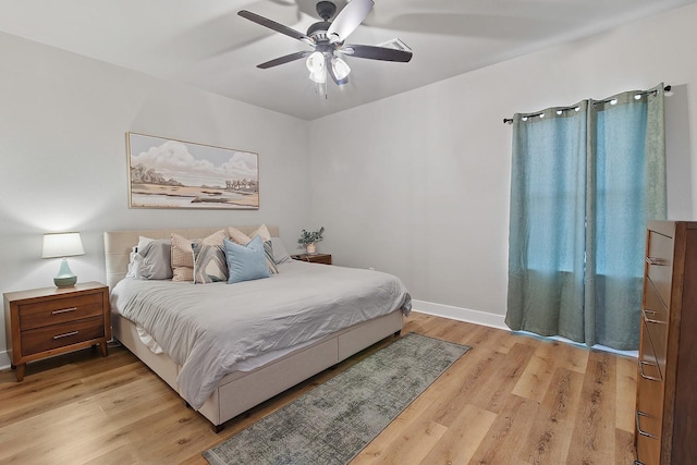 bedroom with ceiling fan and light hardwood / wood-style floors