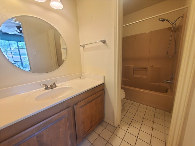full bathroom featuring toilet, a ceiling fan, tub / shower combination, vanity, and tile patterned flooring