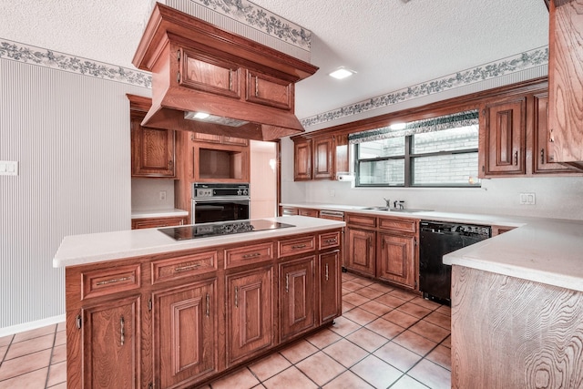 kitchen featuring black appliances, light tile patterned flooring, a textured ceiling, and custom range hood