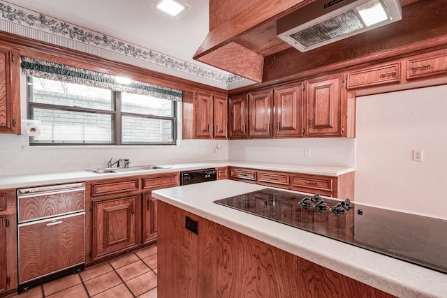 kitchen featuring light tile patterned floors, black dishwasher, and sink