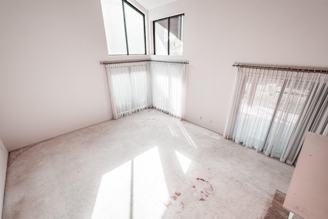 spare room featuring a towering ceiling and light carpet