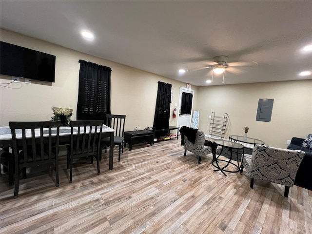 dining area featuring ceiling fan, electric panel, and light hardwood / wood-style flooring