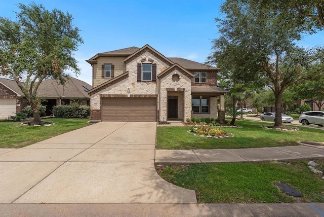 view of front of property featuring a garage and a front lawn