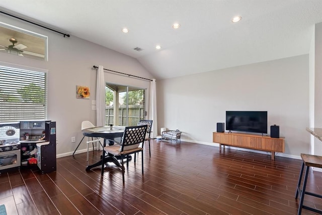 dining space with vaulted ceiling and ceiling fan