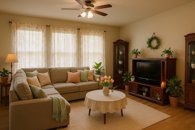 living area with ceiling fan and wood finished floors