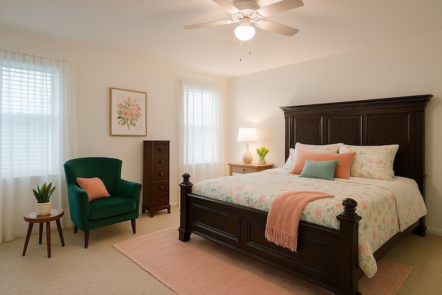 bedroom with baseboards, light carpet, and ceiling fan