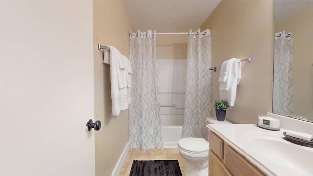 full bathroom featuring tile patterned flooring, vanity, toilet, and shower / tub combo with curtain