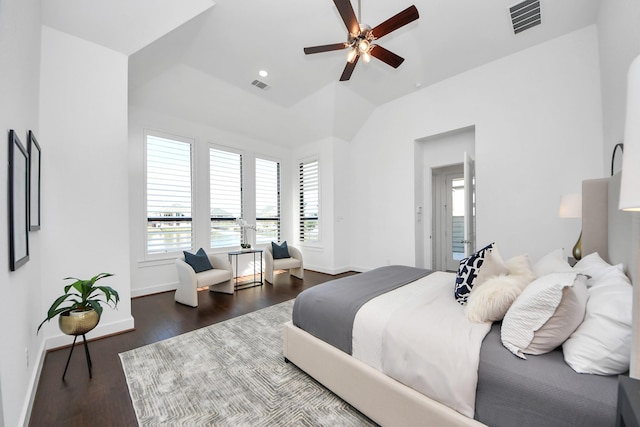 bedroom with ceiling fan and dark wood-type flooring