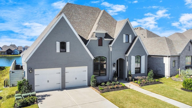 french country home featuring a water view, a front lawn, and a garage