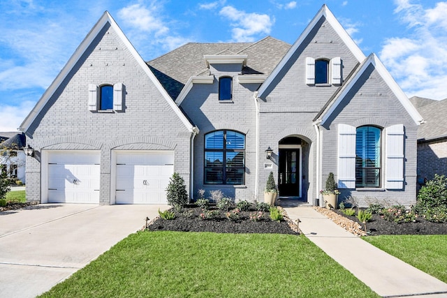 french country inspired facade featuring a front yard and a garage