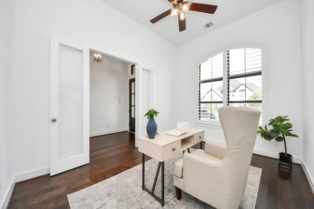 office area with ceiling fan and dark wood-type flooring