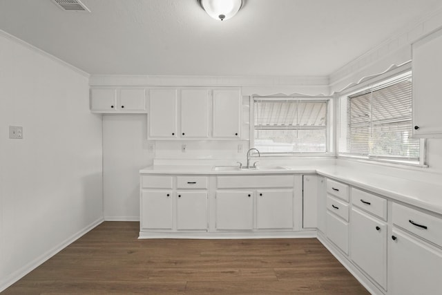 kitchen featuring white cabinets, dark hardwood / wood-style floors, and sink