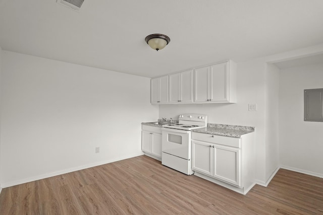 clothes washing area with sink, electric panel, and light hardwood / wood-style flooring