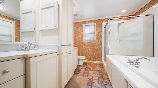 full bathroom featuring vanity, crown molding, plus walk in shower, and toilet