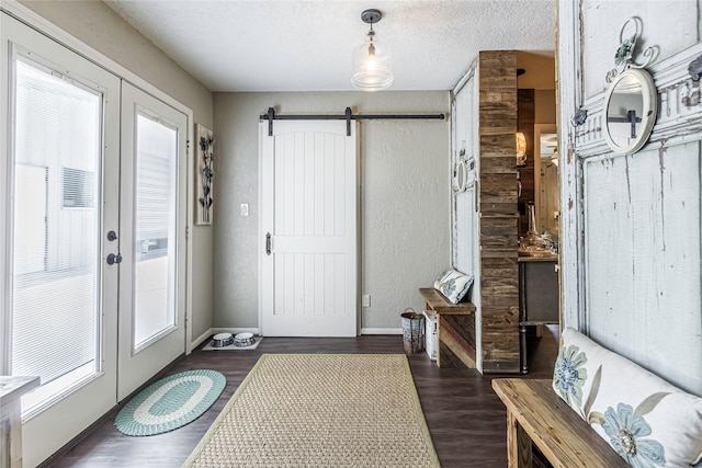 foyer entrance with a textured ceiling, a barn door, dark hardwood / wood-style floors, and a healthy amount of sunlight