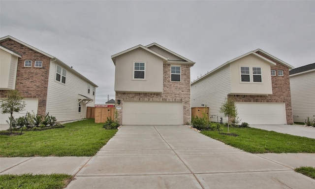 front facade with a front yard and a garage