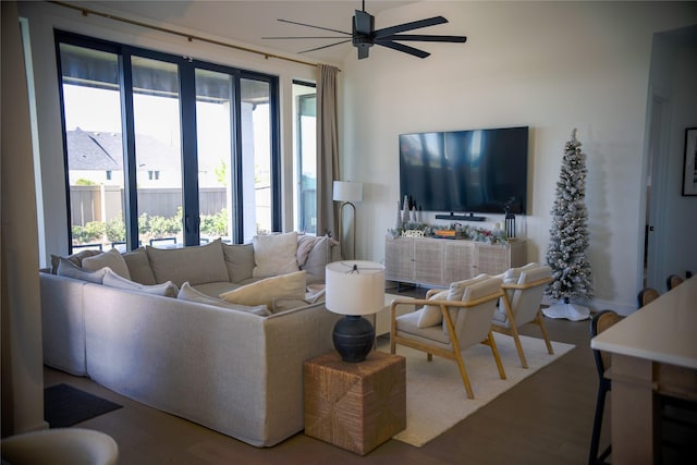 living room with ceiling fan and wood-type flooring