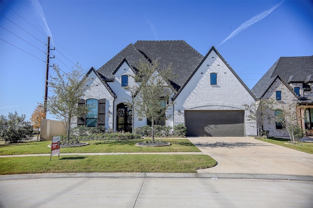 french country home with a garage and a front yard