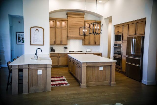 kitchen featuring sink, hanging light fixtures, an inviting chandelier, an island with sink, and appliances with stainless steel finishes