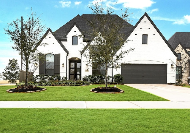 french country inspired facade featuring a garage and a front lawn