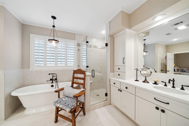 bathroom featuring vanity, separate shower and tub, and ornamental molding