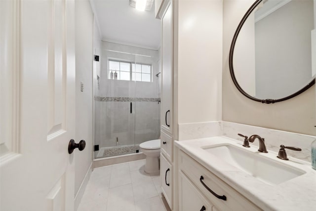 bathroom featuring tile patterned flooring, an enclosed shower, toilet, vanity, and ornamental molding