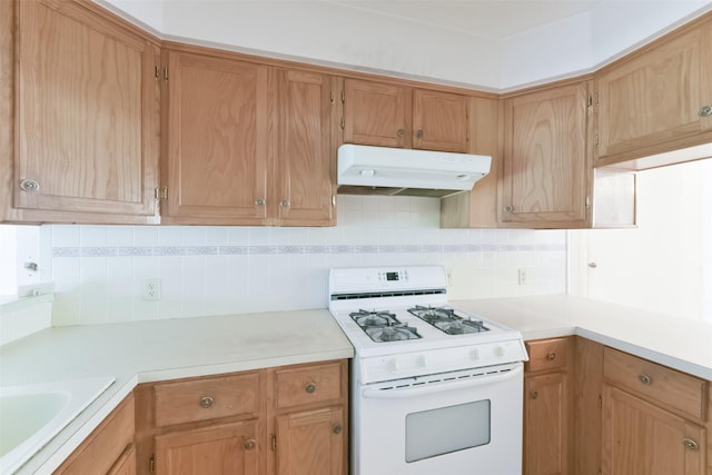 kitchen featuring backsplash, white gas stove, and sink