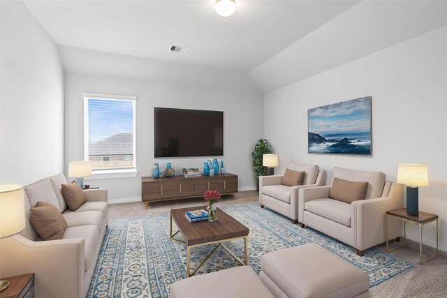 344 Spruce Oak Ln, Waller, TX 77484 - living room featuring baseboards, carpet flooring, and vaulted ceiling