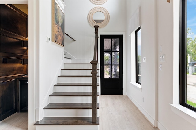 foyer entrance with light hardwood / wood-style flooring and a healthy amount of sunlight