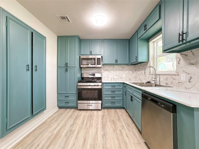 kitchen featuring a textured ceiling, sink, appliances with stainless steel finishes, and tasteful backsplash