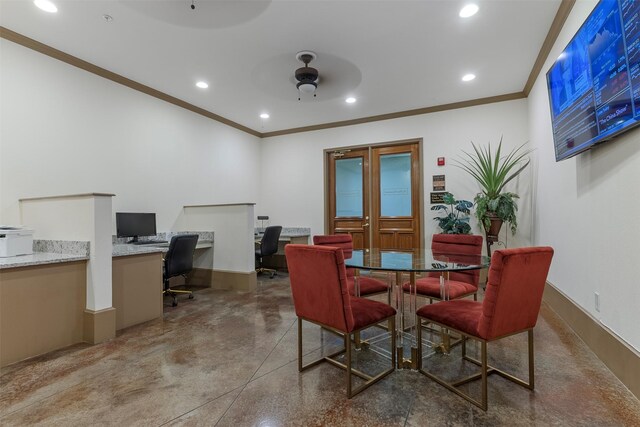 dining room featuring ceiling fan and crown molding