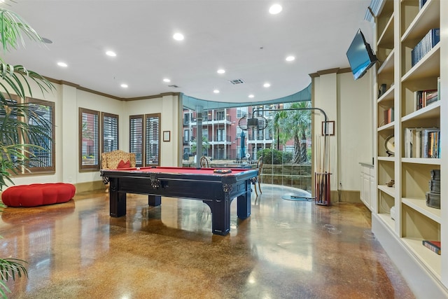 playroom with built in shelves, crown molding, and billiards