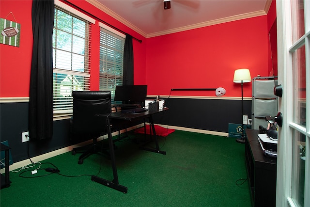 carpeted home office featuring ceiling fan and crown molding