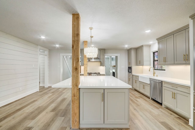 kitchen with sink, hanging light fixtures, stainless steel appliances, wood walls, and gray cabinets