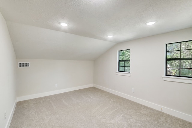 additional living space featuring vaulted ceiling, carpet, and a textured ceiling