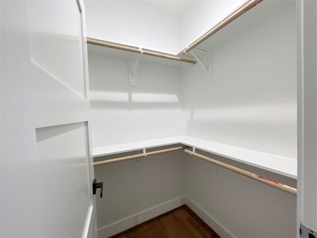 walk in closet with dark wood-type flooring