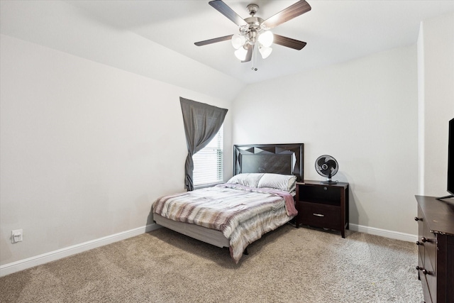 bedroom featuring light colored carpet, ceiling fan, and lofted ceiling