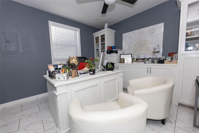 bathroom with electric panel and ceiling fan