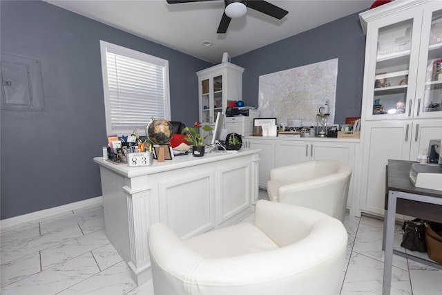 bathroom with electric panel and ceiling fan