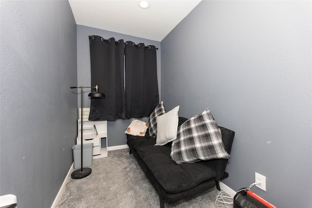 living area featuring carpet and lofted ceiling