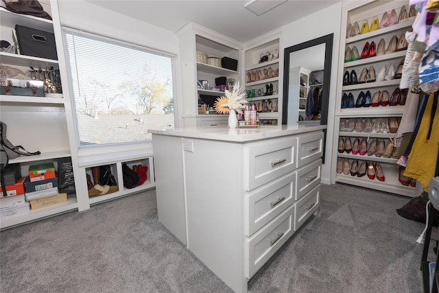 walk in closet with dark colored carpet