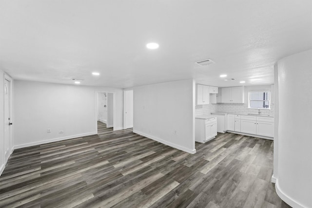 unfurnished living room with sink and dark wood-type flooring