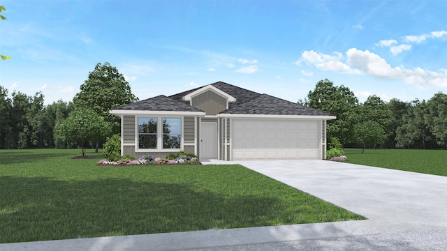 ranch-style house featuring a front yard and a garage