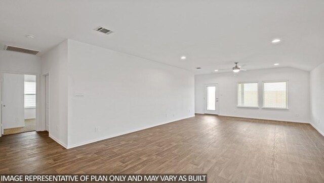 unfurnished room featuring ceiling fan and dark wood-type flooring