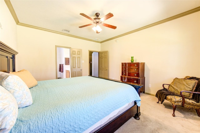 carpeted bedroom featuring ceiling fan and ornamental molding