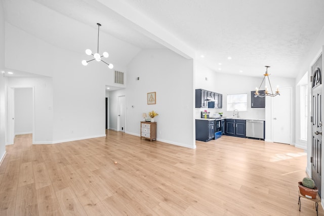 unfurnished living room featuring high vaulted ceiling, an inviting chandelier, light hardwood / wood-style floors, and a textured ceiling