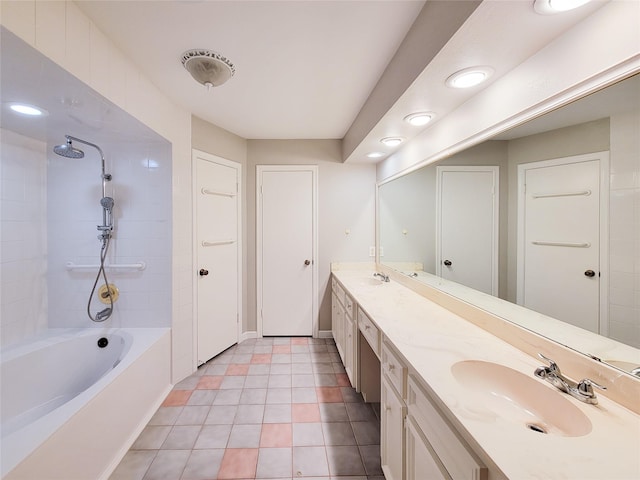 bathroom featuring vanity,  shower combination, and tile patterned flooring