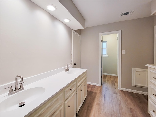 bathroom with wood-type flooring and vanity