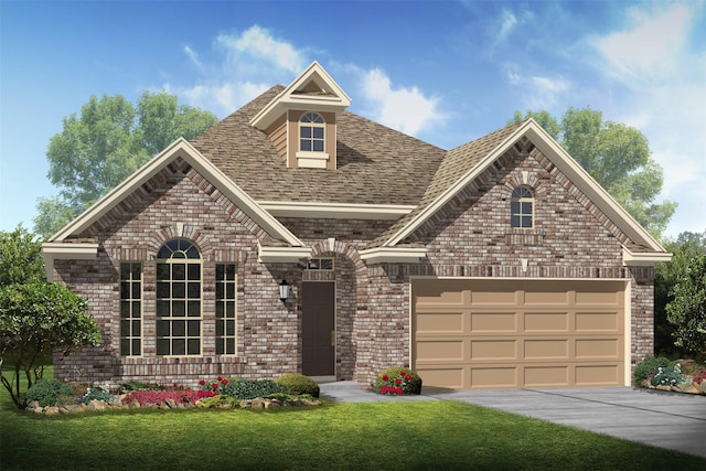 view of front of home featuring a garage and a front lawn